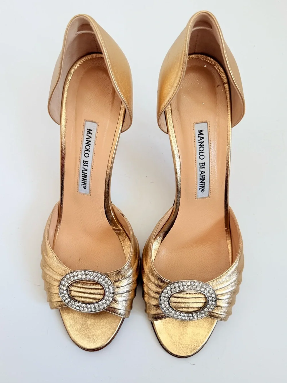 Manolo Blahnik Sedaraby Gold Crystal D’Orsay Heels 39.5 SATC Carrie Bradshaw